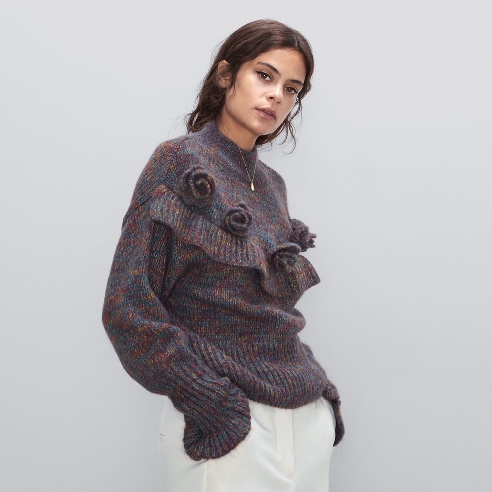 Zara Mohair Blend Oversized Knit Sweater Ruffle Flower Pom-Poms Bubble Sleeves